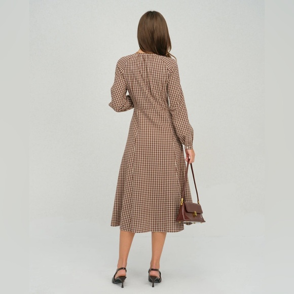 Brown Gingham Button A-Line Midi Dress - Picture 5 of 6